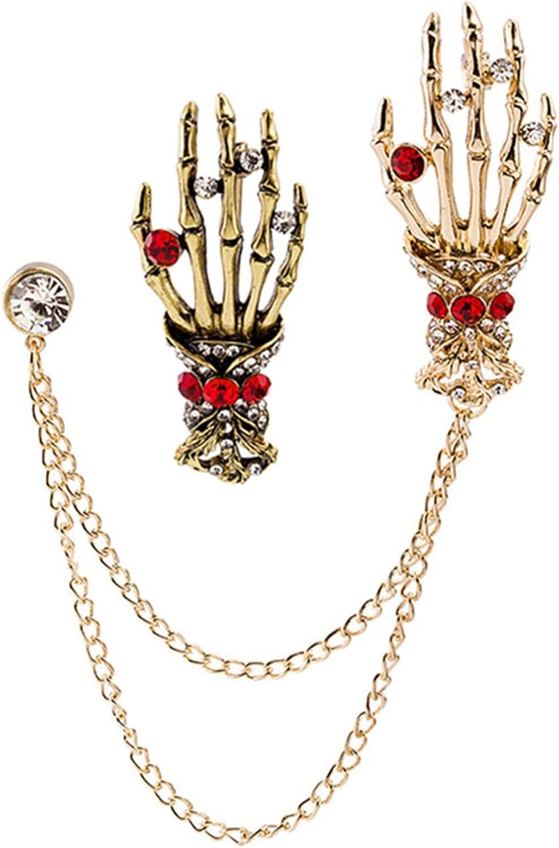 WCRAZYE 2PCS Vintage Skeleton Hand Long Chain Lapel Pin for Women Men Gothic Punk Brooch Retro Crystal Skeleton Skull Collar Pin Halloween Gifts - Image 1
